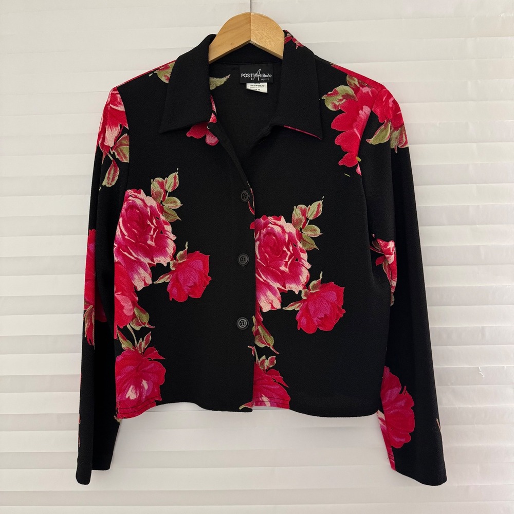 Positive Attitude 90's Retro Rose Floral Button Front Shirt Crop Top Size 12P